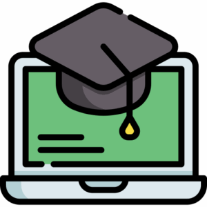 Icon of a laptop with a graduation cap, representing online learning
